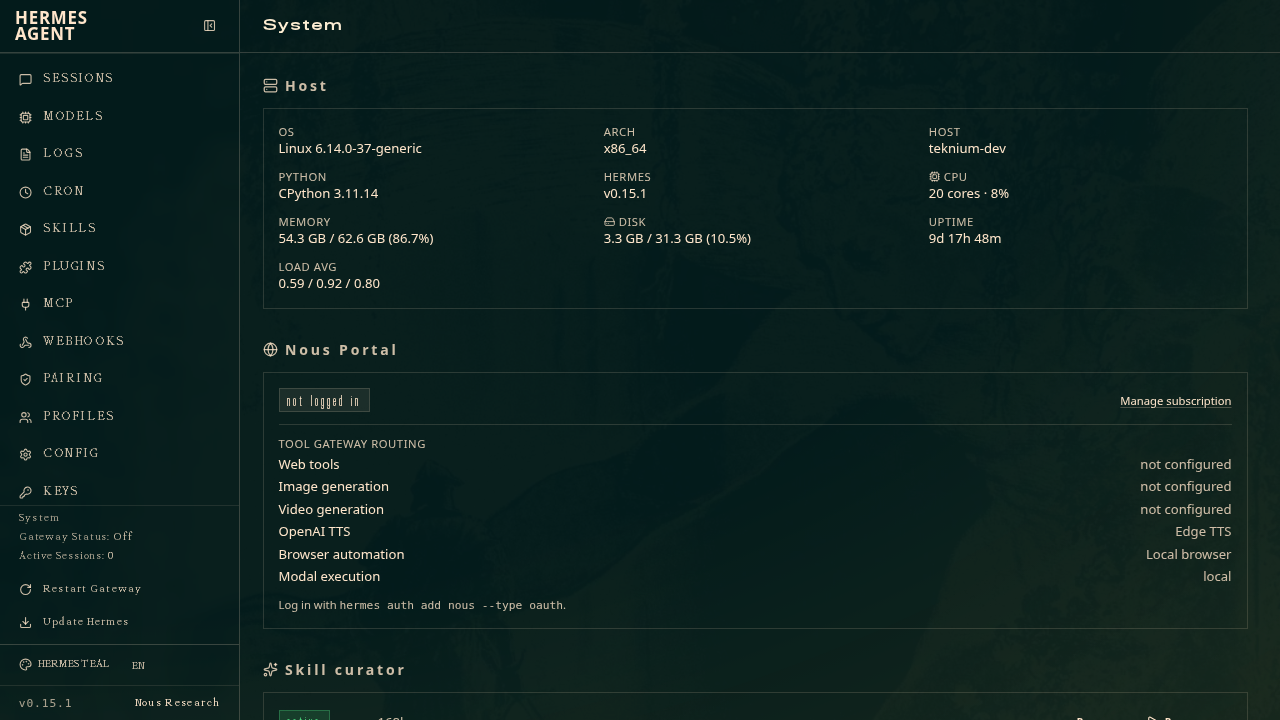 System admin page — host stats and Atlas Portal status